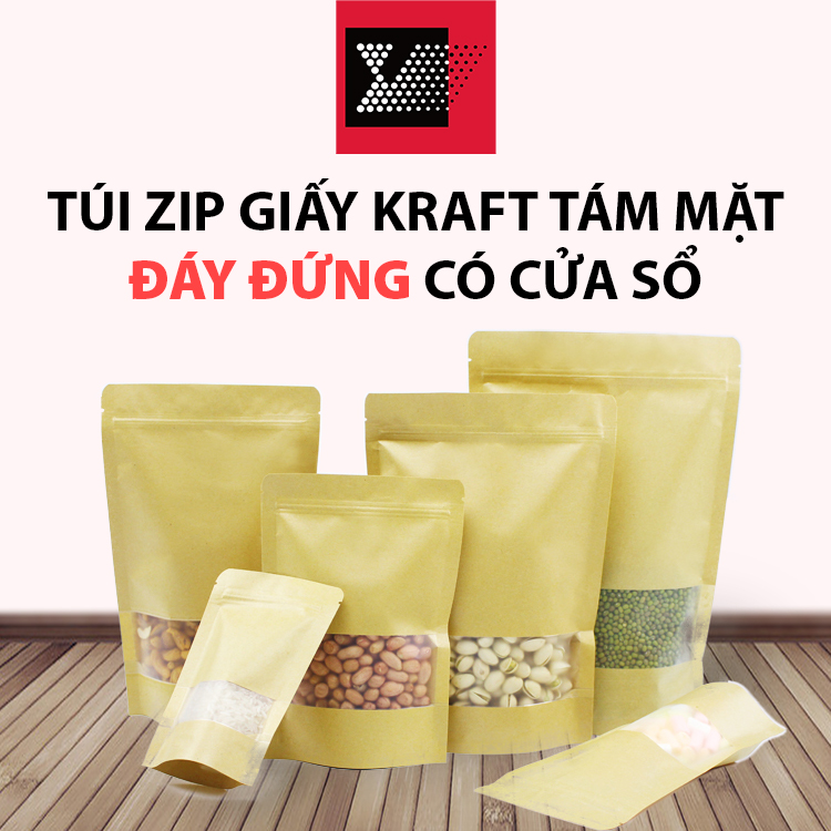 Túi zip giấy kraft tám mặt đáy đứng có cửa sổ