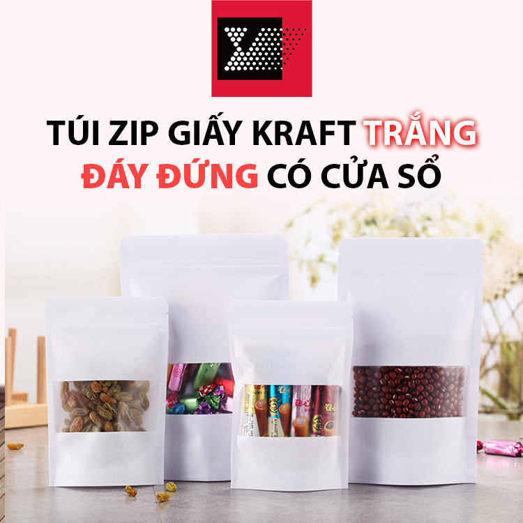 Túi zip giấy kraft trắng đáy đứng có cửa sổ