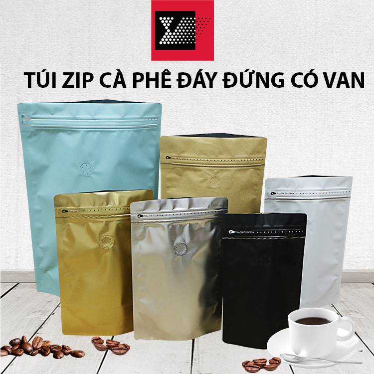 Túi zip cà phê ba biên đáy đứng (có van)